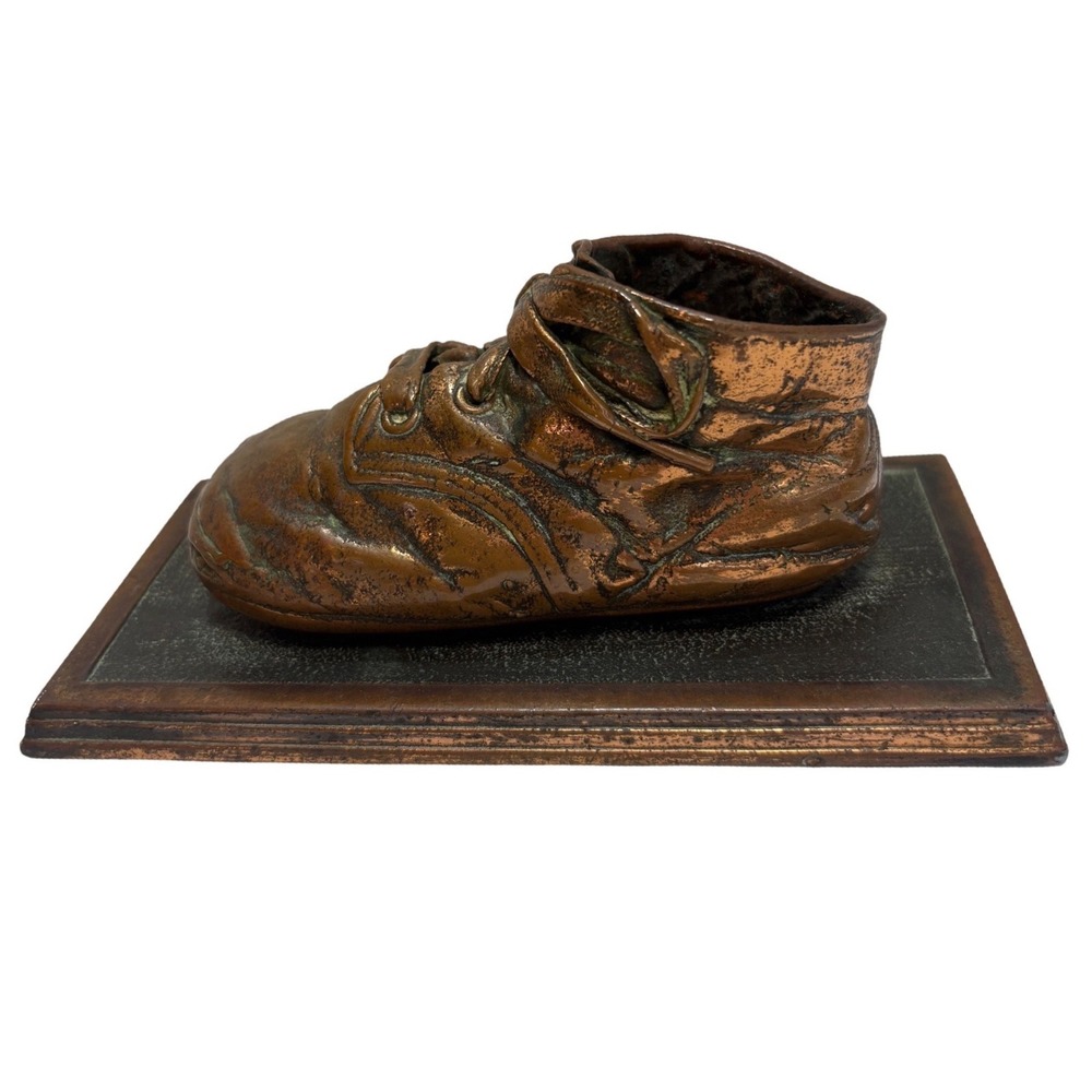 Copper Plated Baby Shoe Keepsake Mounted Metal Base Paperweight Vintage